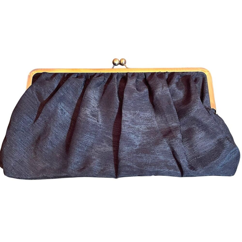 Vintage Black Clutch Gold Frame Kiss Clasp Women's Formal Bag Satin Finish
